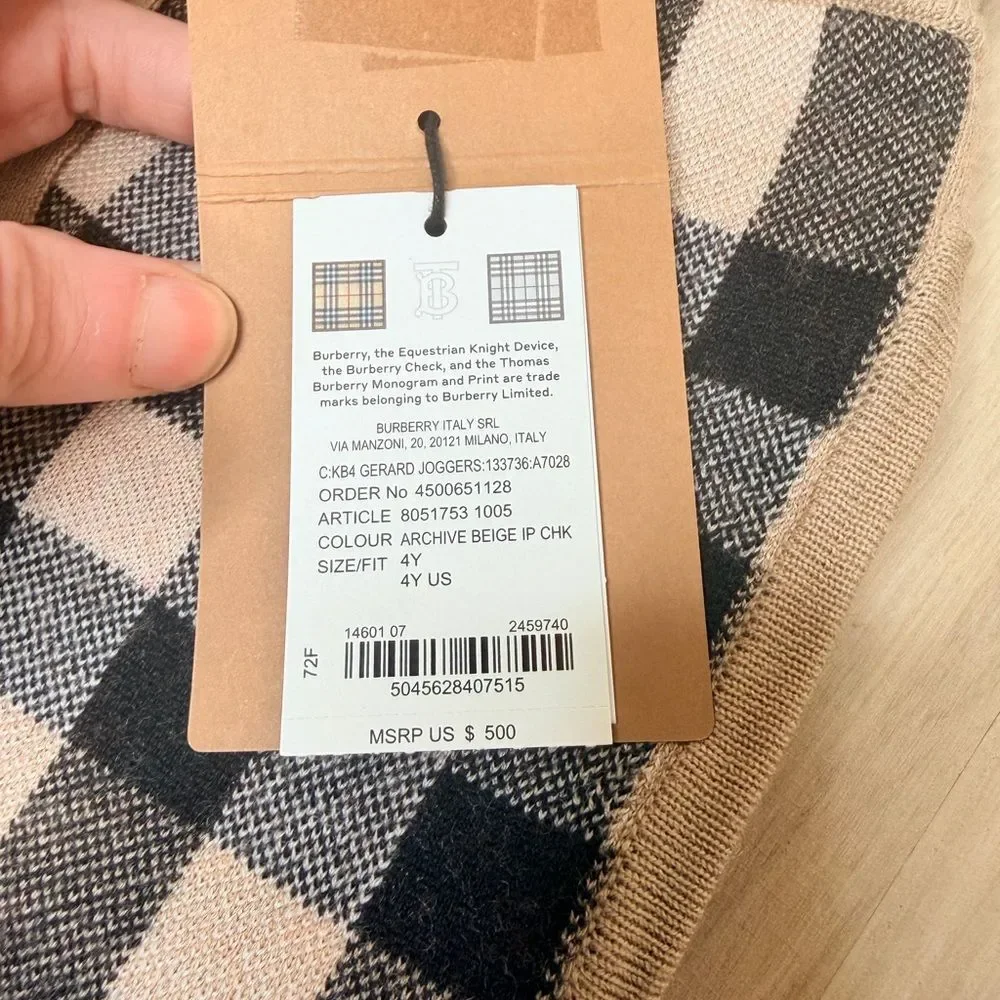 NWT ✨ Kids Burberry Vintage Check Wool + Cashmere Joggers w/pockets 4T $500